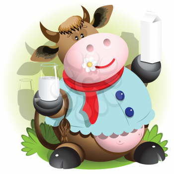 Royalty Free Clipart Image of a Cow Holding a Glass of Milk