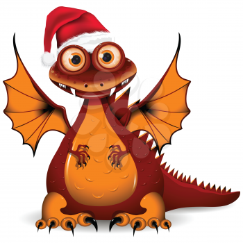 Royalty Free Clipart Image of a Dragon Wearing a Christmas Hat