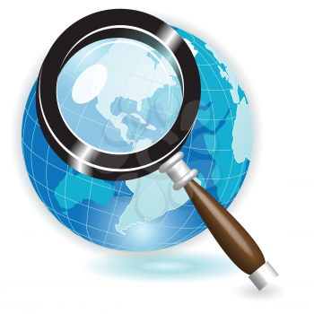 Royalty Free Clipart Image of a Globe and Magnifying Glass