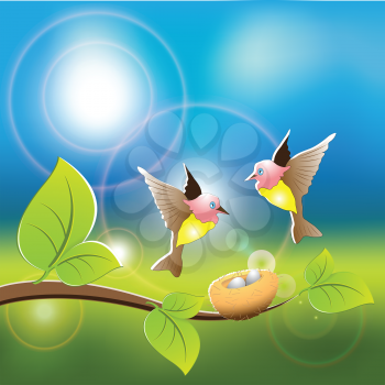 Royalty Free Clipart Image of Two Birds at a Nest