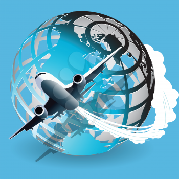 Royalty Free Clipart Image of a Plane and Globe