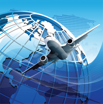 Royalty Free Clipart Image of an Airplane and Globe