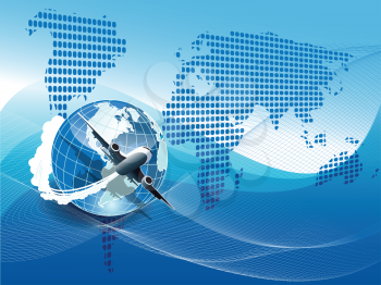 Royalty Free Clipart Image of an Airplane and Globe
