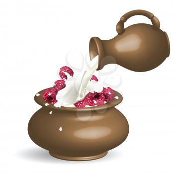 Royalty Free Clipart Image of a Pot of Milk and Berries