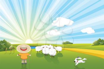 Royalty Free Clipart Image of a Field of Sheep and a Dog
