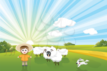 Royalty Free Clipart Image of a Field of Sheep and a Dog