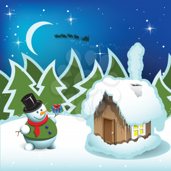 Royalty Free Clipart Image of a Snowman With a Present