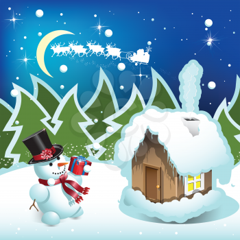 Royalty Free Clipart Image of a Snowman Holding a Present