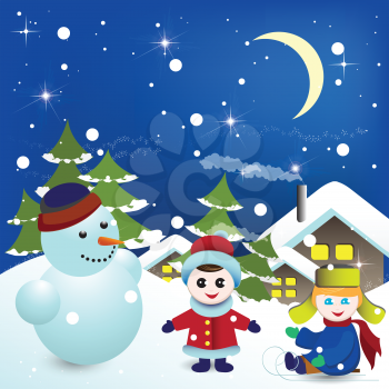 Royalty Free Clipart Image of Children Building a Snowman