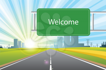 Royalty Free Clipart Image of a Welcome Sign on a Road