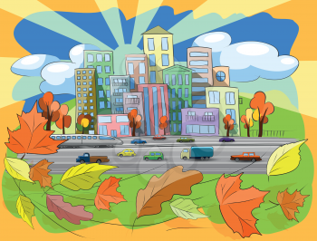 illustration city street in autumn leaf fall