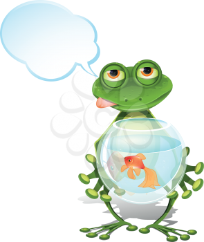 illustration merry green frog and a goldfish