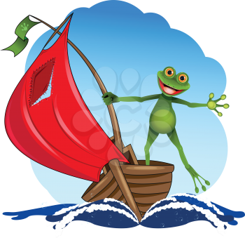 funny frog on a red sail boat