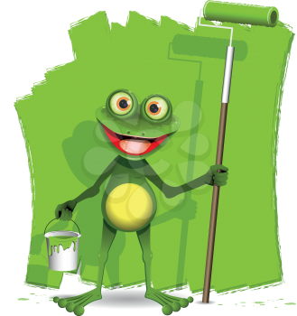 green frog with a roller to paint