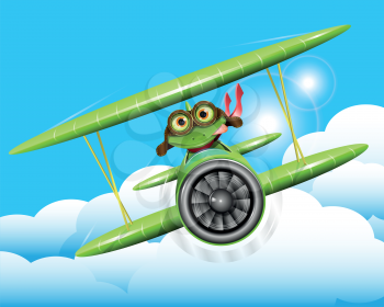 illustration merry green frog pilot in the plane