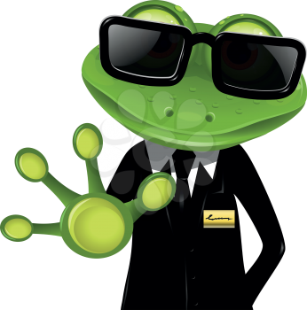 frog security guard in a black suit
