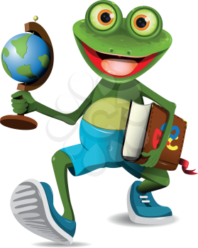 illustration of a frog student with a globe and a book