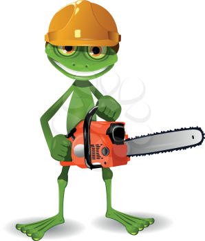 Green frog in a helmet with a chainsaw