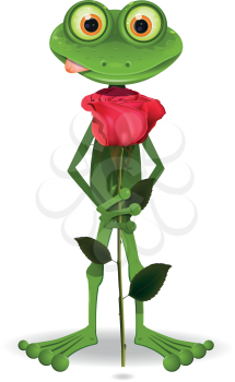 illustration of a green frog with a red rose