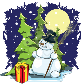 illustration snowman with gift on background night sky
