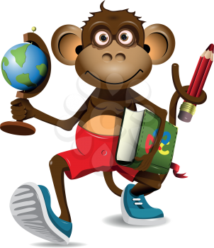 illustration of a monkey student with a globe and a book
