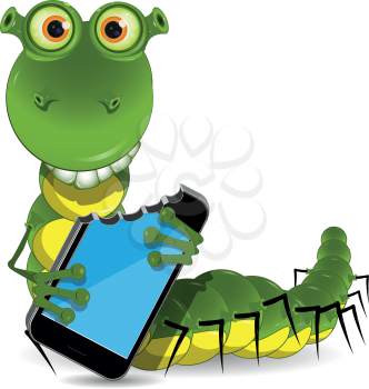 illustration of a green worm eats the phone