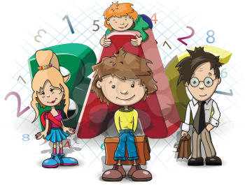 Royalty Free Clipart Image of Schoolchildren With ABC and Numbers