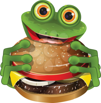 Royalty Free Clipart Image of a Frog Eating a Cheeseburger