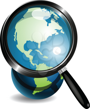 Royalty Free Clipart Image of a Globe Through a Magnifying Glass