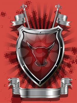 Royalty Free Clipart Image of a Metallic Shield With a Red Bull