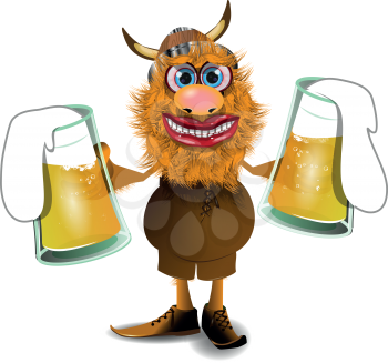 Royalty Free Clipart Image of a Viking Holding Two Beers