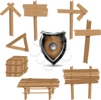 Royalty Free Clipart Image of a Shield, a Box and Signs