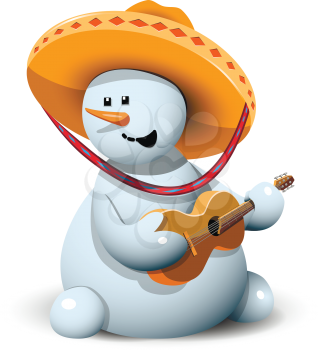 illustration merry snowman with his guitar in a sombrero