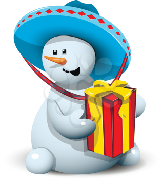 illustration merry snowman with gift in a sombrero