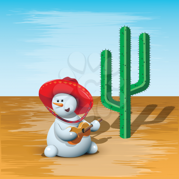 illustration merry Snowman in a sombrero and Cactus