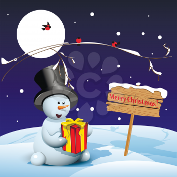 Illustration snowman with gifts on blue background