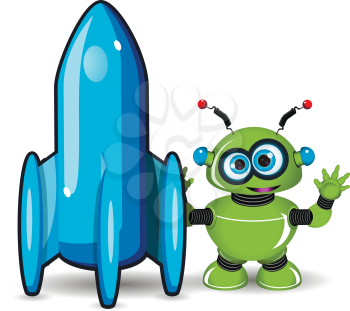 Illustration green robot and blue a rocket