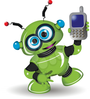 Illustration cheerful green robot and a phone