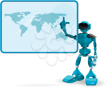 Illustration of a blue robot on white background and screen