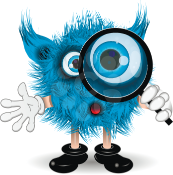 illustration fairy shaggy blue monster with a magnifying glass