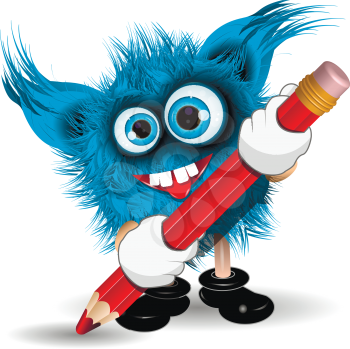 Illustration fairy shaggy blue monster with a Pencil