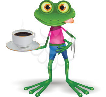 Illustration green frog with cup hot coffee