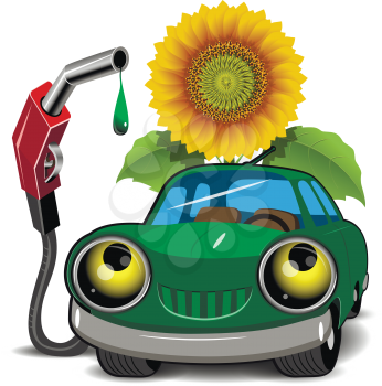 Illustration of a green car fueling and sunflower