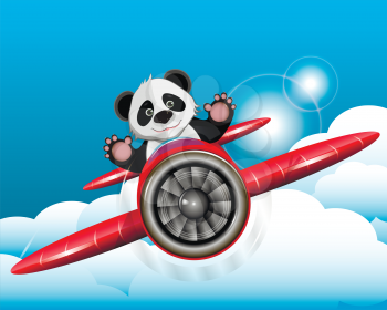 Illustration cheerful red panda on a plane