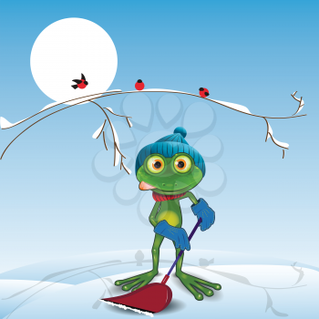 Illustration green frog with a shovel in the winter