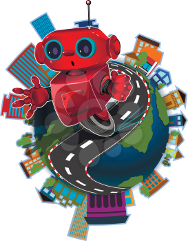 Illustration red robot on the road around the globe
