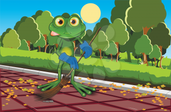 Illustration of a green frog with a broom
