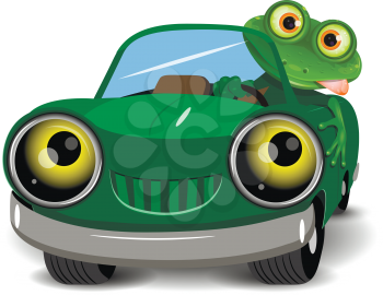 Illustration of a green frog in the car