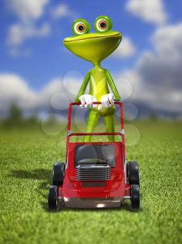 Illustration green frog with a lawn mower