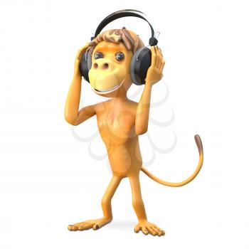 3D Illustration Monkey in the Headphones on White Background